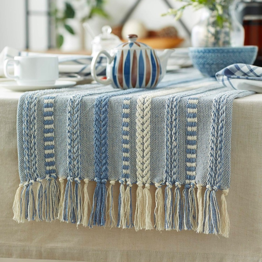 Table runner braided stripe blue cotton with fringe